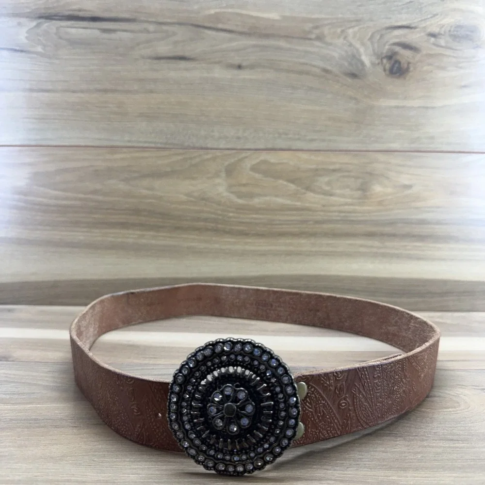 Fossil Womens Belt Size L Large Brown Embossed Leather Boho Chic Coastal Cowgirl